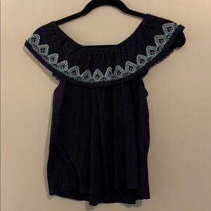 blue off the shoulder shirt